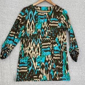 Allyson Whitmore Blouse Womens Medium Blue Tan Geometric Tab Drape Sleeve